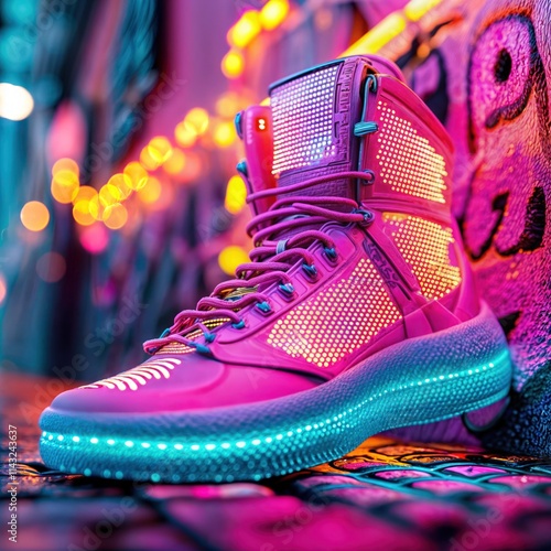 Obraz na płótnie Futuristic glowing sneaker with neon lights and vibrant bokeh in urban street setting
w salonie