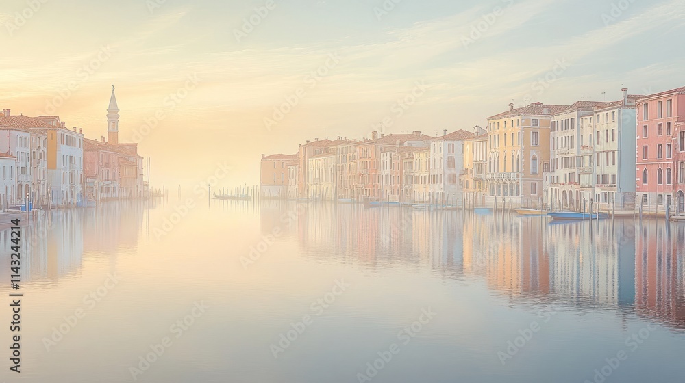 Fototapeta premium A serene view of colorful buildings reflecting on a calm canal at sunrise.
