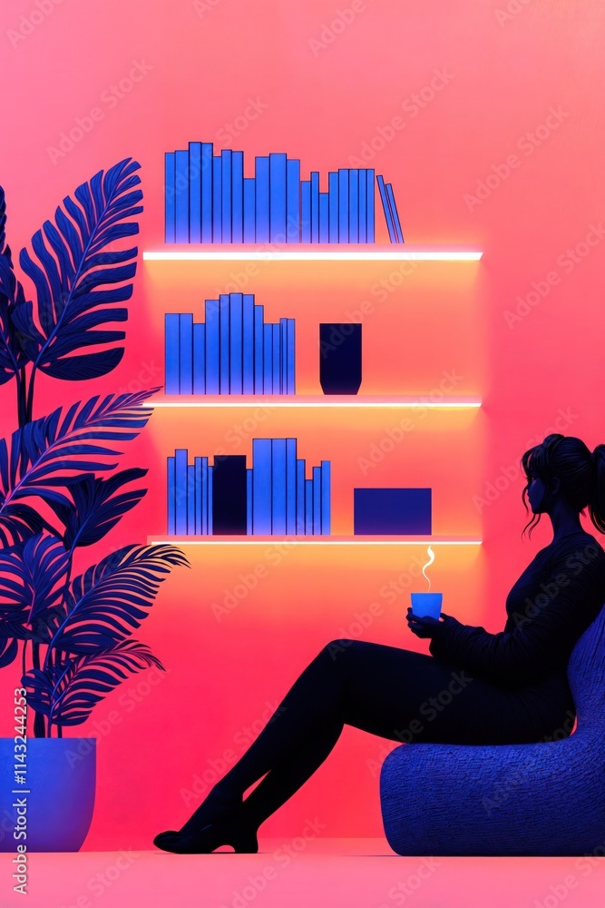 Silhouette of woman relaxing with coffee in modern neon-lit room with bookshelves and tropical plant