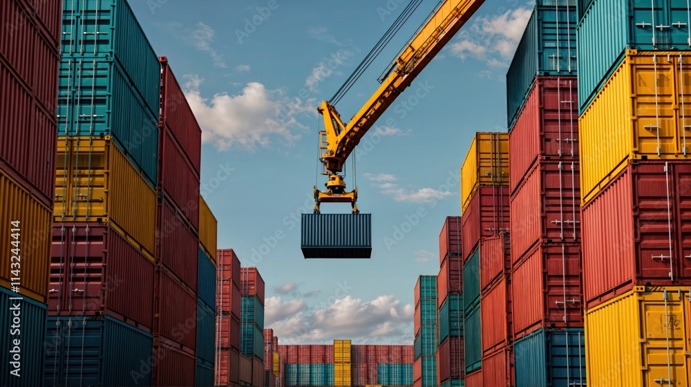 Shipping containers stacked at busy port with crane lifting container under a bright blue sky