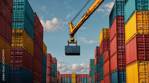 Obraz na płótnie Shipping containers stacked at busy port with crane lifting container under a bright blue sky
w salonie