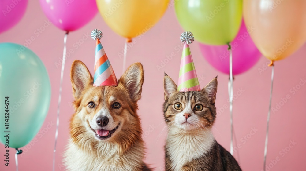 Happy corgi and cat wearing party hats with colorful balloons in festive celebration setting