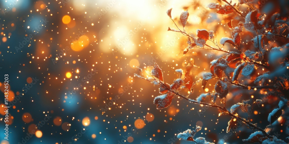 Frost-covered branches in golden sunset light with glowing bokeh, winter nature scene, snowy details, seasonal serenity, festive inspiration, sparkling warm tones. Frost-covered branches in golden sunset light with glowing bokeh, winter nature scene, snowy details, seasonal serenity, festive inspiration, sparkling warm tones.