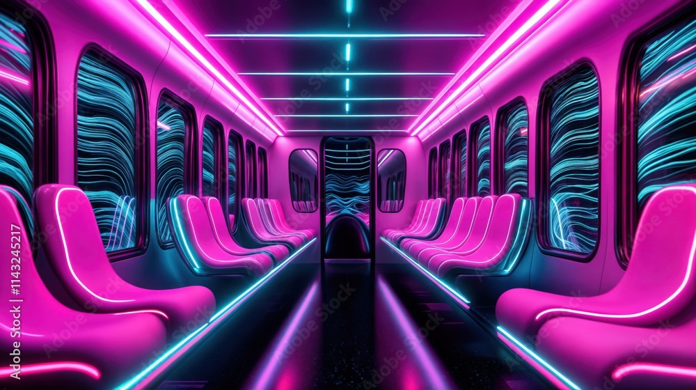 Futuristic subway interior with neon pink and blue lights and glowing seats in empty train