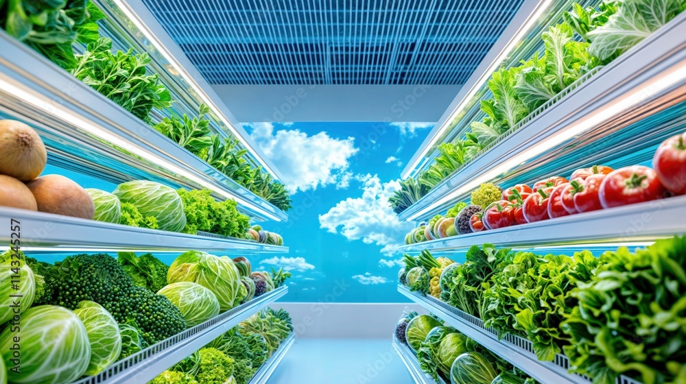 Fresh vegetables on display in grocery store with vibrant lighting and bright blue sky background