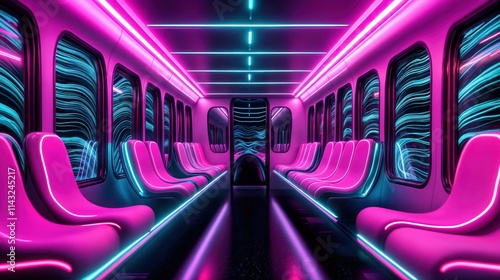 Obraz na płótnie Futuristic subway interior with neon pink and blue lights and glowing seats in empty train
w salonie