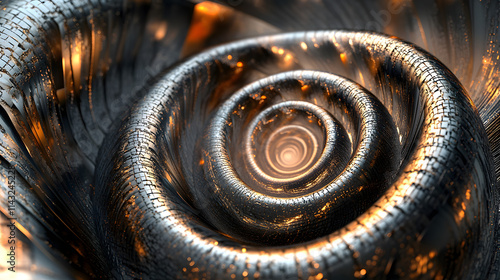 Interwoven metallic spirals form an abstract snail.