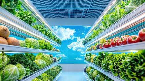 Fresh vegetables on display in grocery store with vibrant lighting and bright blue sky background  
