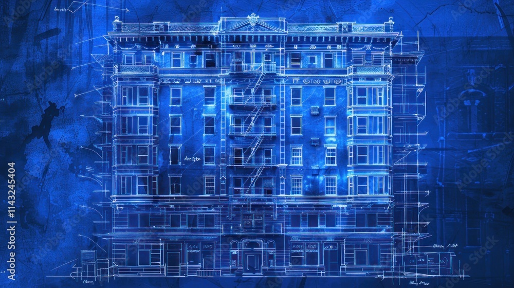 Obraz premium A blueprint-style illustration of a multi-story building in a blue color scheme.