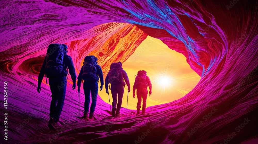 Group of hikers walking through vibrant canyon with glowing rock walls towards bright sunlight