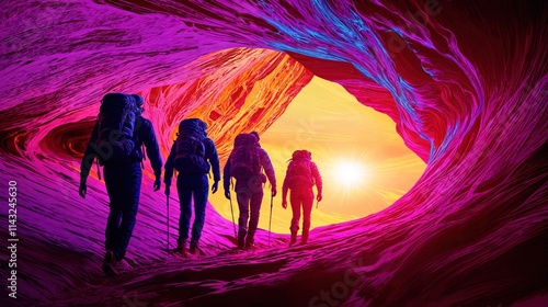 Obraz na płótnie Group of hikers walking through vibrant canyon with glowing rock walls towards bright sunlight
w salonie