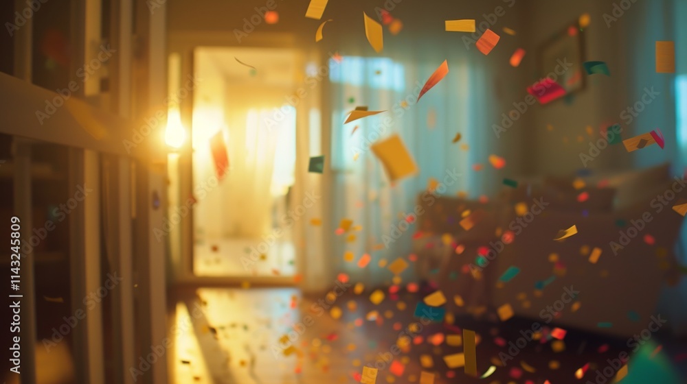 A home corridor filled with falling confetti under warm glowing light, creating a serene and celebratory ambiance. AI generated. A home corridor filled with falling confetti under warm glowing light, creating a serene and celebratory ambiance. AI generated.