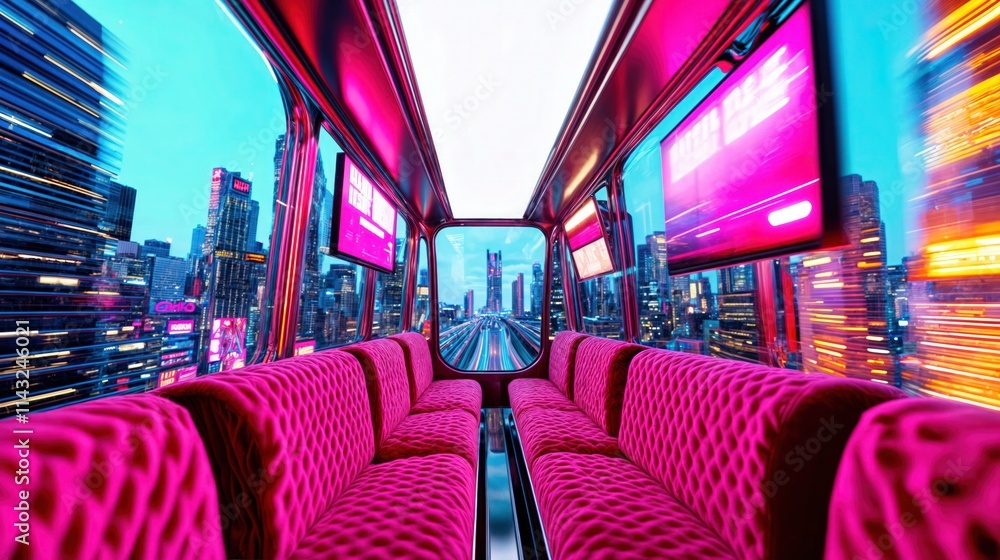 Futuristic city train with vibrant pink seats and panoramic views of urban skyscrapers