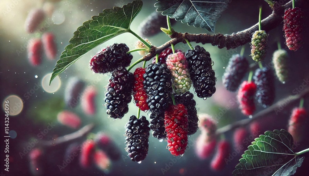 Sweet and Juicy Mulberries Ripening on the Tree in Summer Sweet and Juicy Mulberries Ripening on the Tree in Summer