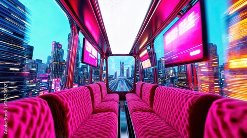 Obraz na płótnie Futuristic city train with vibrant pink seats and panoramic views of urban skyscrapers
w salonie