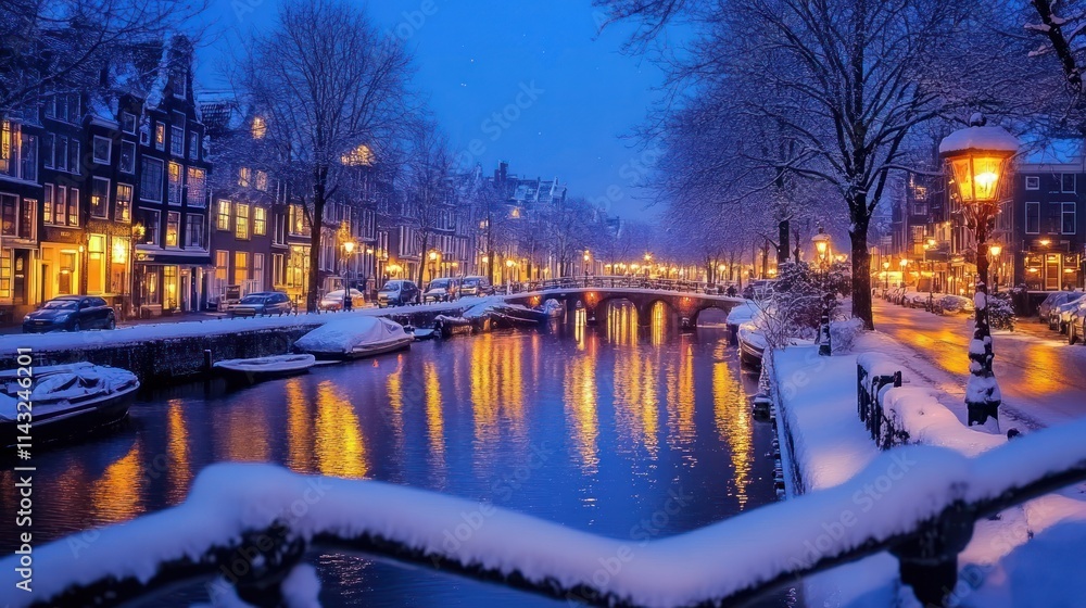 A serene winter evening scene with snow-covered buildings and a canal illuminated by streetlights. A serene winter evening scene with snow-covered buildings and a canal illuminated by streetlights.