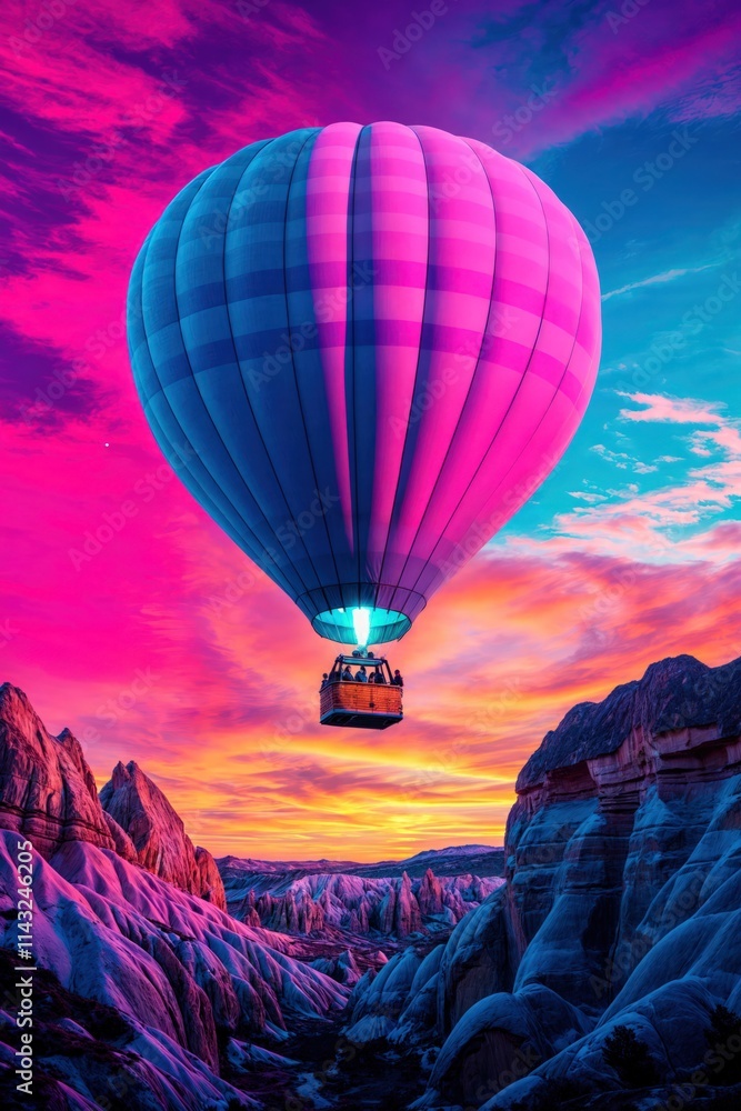 Colorful hot air balloon flying over unique rock formations during a vibrant sunset