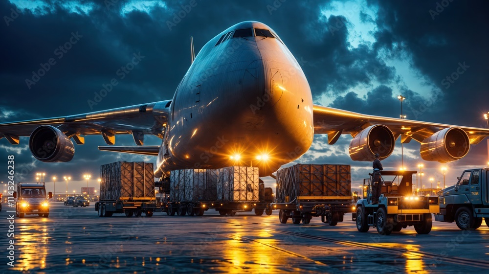 Cargo plane loading large shipments on the runway at night with dramatic lighting