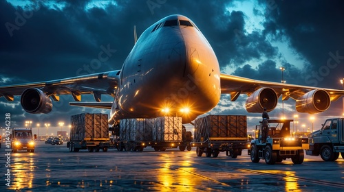 Obraz na płótnie Cargo plane loading large shipments on the runway at night with dramatic lighting
w salonie