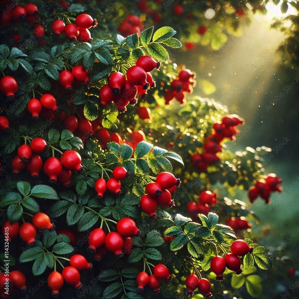 Fototapeta premium Vibrant Red Rose Hips on a Bush, Signaling the Harvest Season