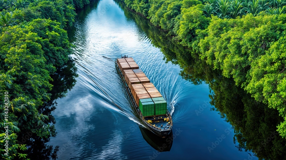 Cargo ship navigating a lush green canal surrounded by dense tropical vegetation