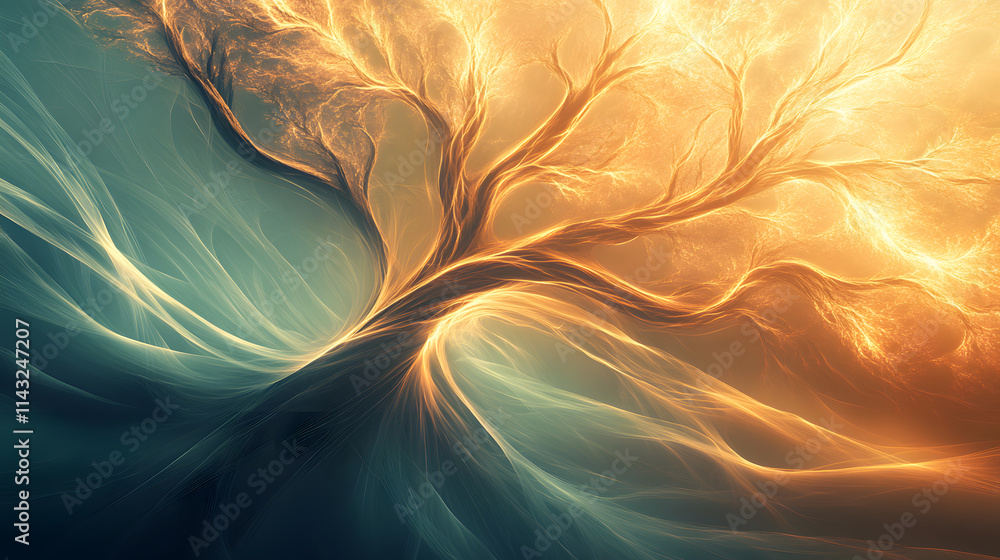 Organic flowing shapes merge into an abstract tree of life. Organic flowing shapes merge into an abstract tree of life.
