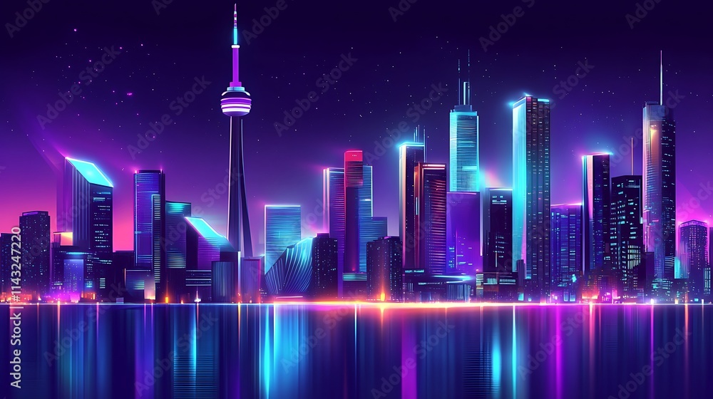 Neon Cityscape at Night Featuring Iconic Tower Neon Cityscape at Night Featuring Iconic Tower