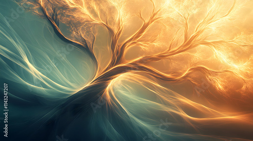 Organic flowing shapes merge into an abstract tree of life.