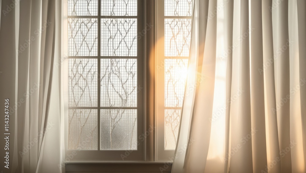 Sunlight streams through sheer curtains and a window Sunlight streams through sheer curtains and a window