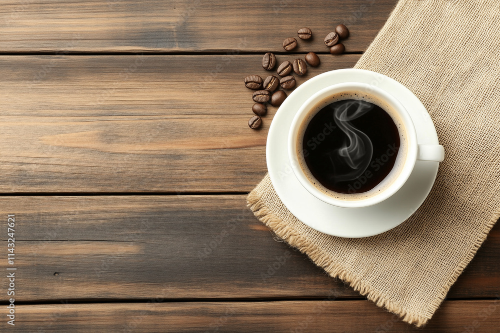Obraz premium Steaming Coffee Cup on Rustic Wooden Surface with Coffee Beans and Heart-Shaped Smoke