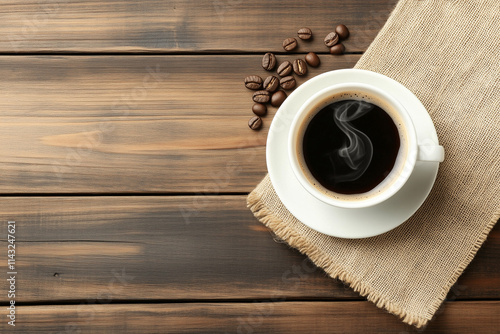 Steaming Coffee Cup on Rustic Wooden Surface with Coffee Beans and Heart-Shaped Smoke photo