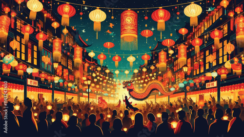 A vibrant street scene during the Lunar New Year Lantern Festival, featuring hundreds of glowing red and gold lanterns hanging overhead, bustling crowds in traditional attire