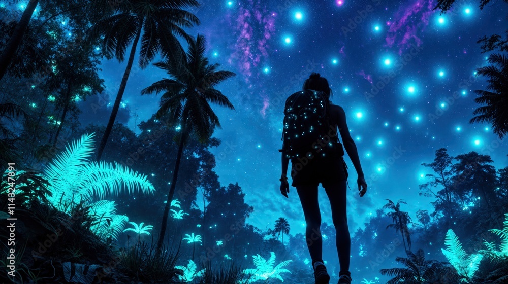 Silhouette of a hiker under a glowing night sky filled with stars and bioluminescent plants in the jungle