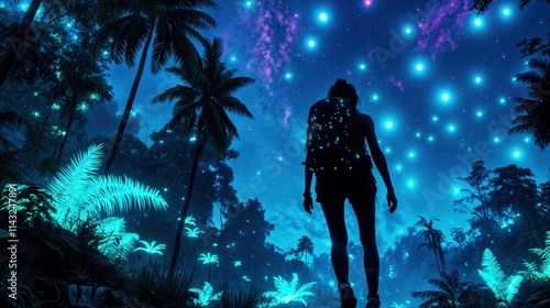 Obraz na płótnie Silhouette of a hiker under a glowing night sky filled with stars and bioluminescent plants in the jungle
w salonie