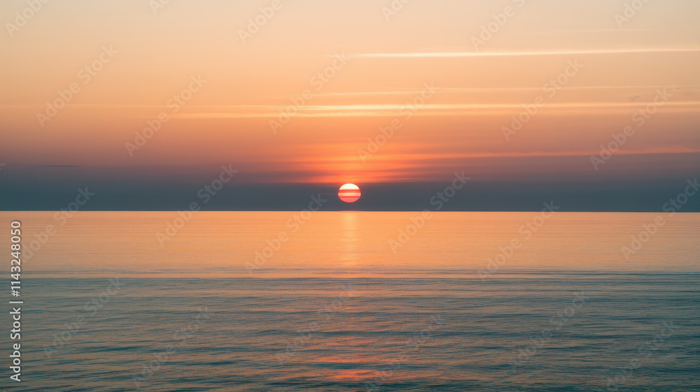 Naklejka premium A stunning sunset over the tranquil ocean, with vibrant hues of orange and pink reflecting on the water's surface.