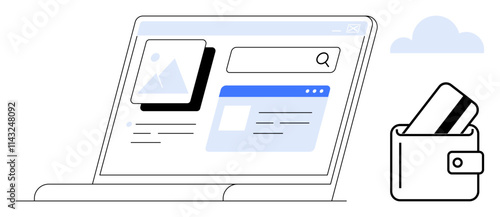 Laptop screen with search bar, image, and a window wallet with credit card beside. Ideal for e-commerce, online shopping, digital payments, web design, finance technology user experience. Line