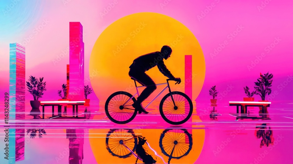 Silhouette of a cyclist riding against a vibrant pink and orange futuristic cityscape backdrop