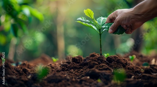 A hand gently tends to a young coffee tree sapling in a thriving plantation filled with blooming plants, illuminated by soft sunlight