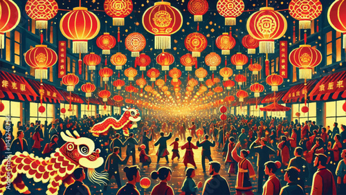 A vibrant street scene during the Lunar New Year Lantern Festival, featuring hundreds of glowing red and gold lanterns hanging overhead, bustling crowds in traditional attire