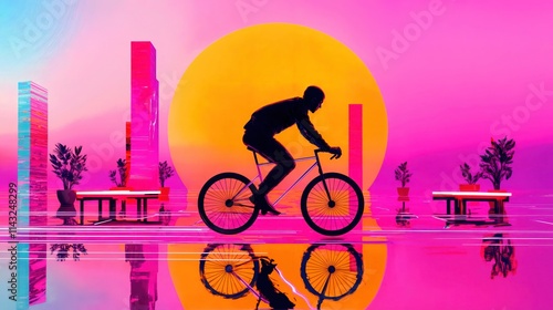 Obraz na płótnie Silhouette of a cyclist riding against a vibrant pink and orange futuristic cityscape backdrop
w salonie