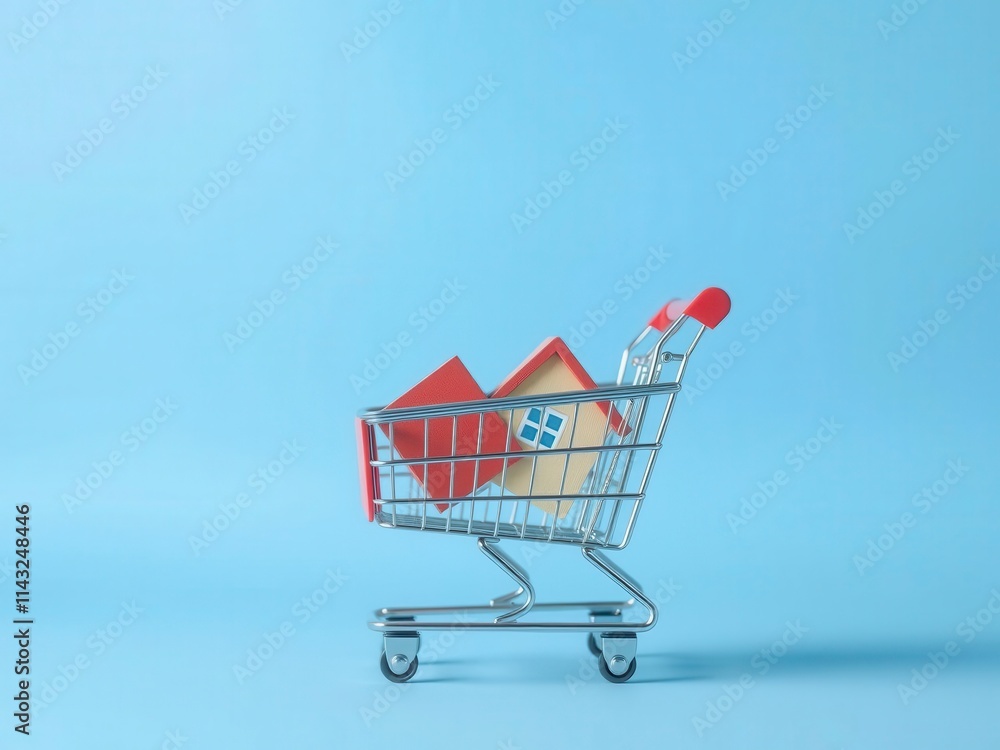 A conceptual image of a mockup house inside a shopping cart, symbolizing the process of buying a home online, moving, purchase A conceptual image of a mockup house inside a shopping cart, symbolizing the process of buying a home online, moving, purchase