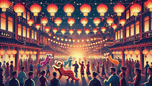 A vibrant street scene during the Lunar New Year Lantern Festival, featuring hundreds of glowing red and gold lanterns hanging overhead, bustling crowds in traditional attire