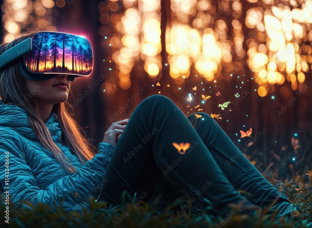 Woman experiencing virtual reality in a forest setting, surrounded by glowing butterflies and fantasy light effects