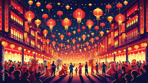 A vibrant street scene during the Lunar New Year Lantern Festival, featuring hundreds of glowing red and gold lanterns hanging overhead, bustling crowds in traditional attire