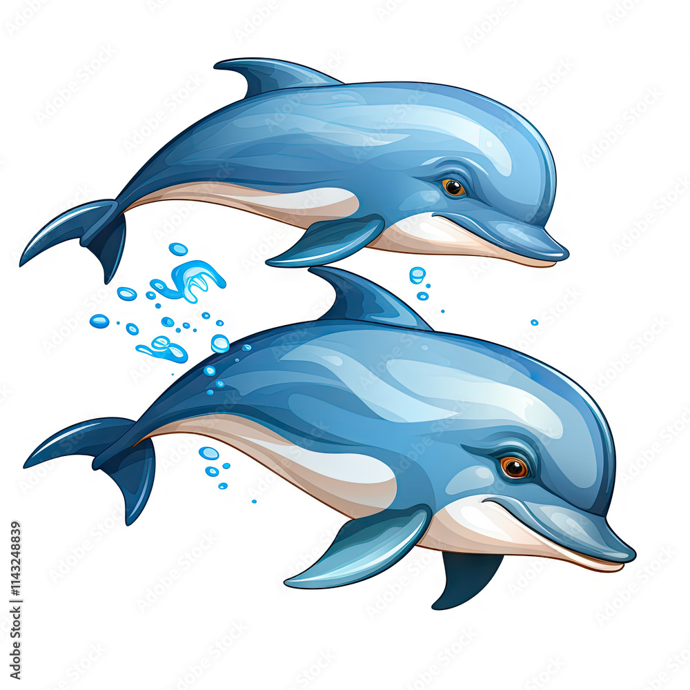 Fototapeta premium Two funny blue jumping bottlenose dolphins on white isolated background