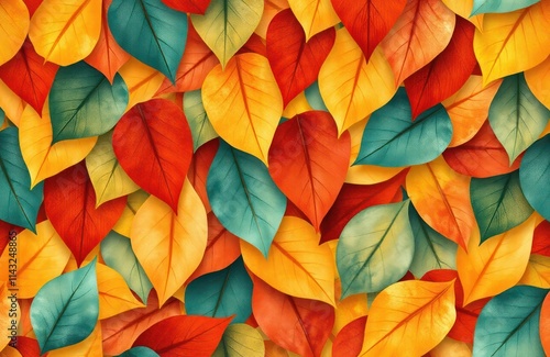 Wallpaper Mural Colorful autumn leaves pattern. Vibrant fall colors of red orange yellow green, brown. Abstract design with detailed leaf shapes. Nature themed background. Organic shapes. Seamless pattern suitable Torontodigital.ca