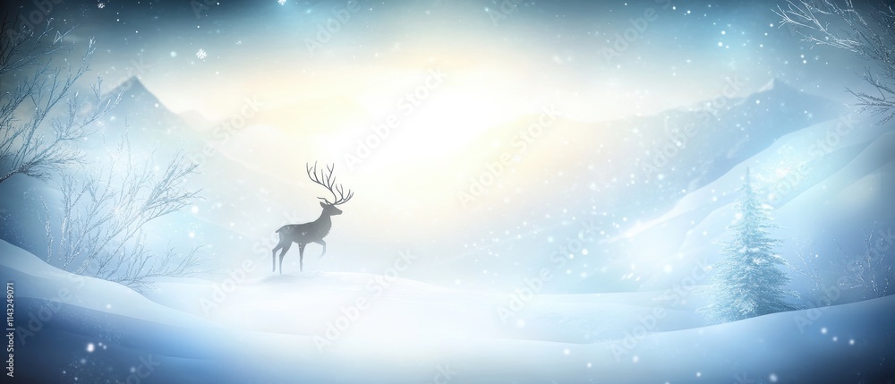 Deer stands in the snow in front of a mountain. Banner Deer stands in the snow in front of a mountain. Banner