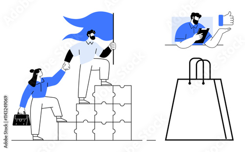 Team leader holding flag while helping colleague climb puzzle blocks, businessman giving thumbs up on phone, shopping bag outline. Ideal for teamwork, leadership, business growth, cooperation