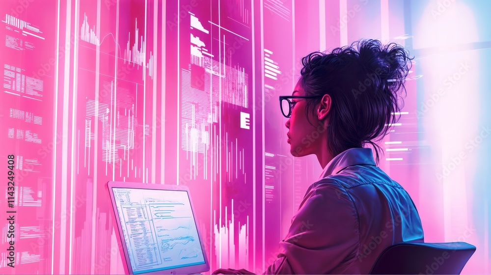 Woman analyzing data on futuristic glowing screens with a high-tech pink and blue interface