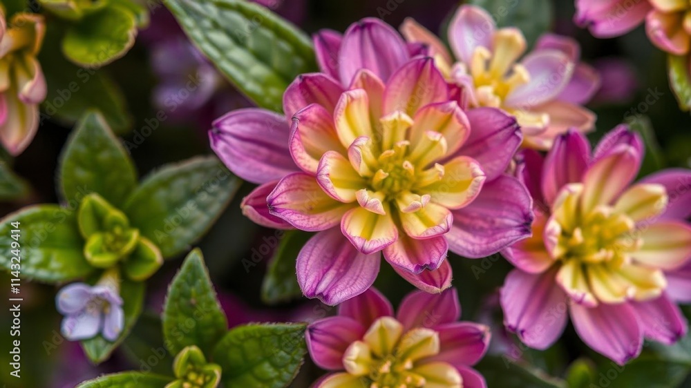 Close-up image of delicate purple flower petals and leaves, vibrant, flower Close-up image of delicate purple flower petals and leaves, vibrant, flower